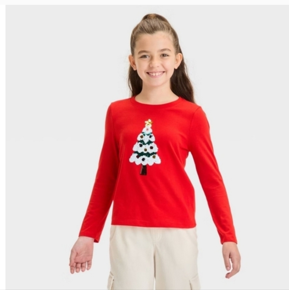 Girl's Cat & Jack Red Long Sleeve Top With Sequin Christmas Tree - S (6/7)
